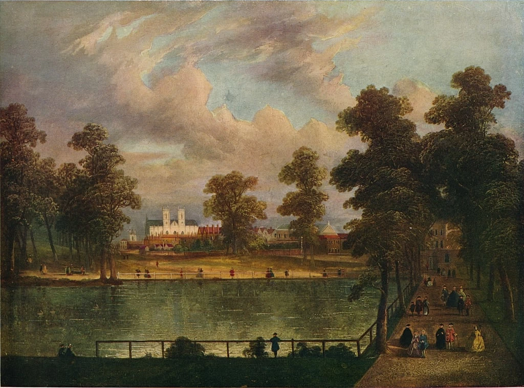 Vista nel parco di St. Jamess con lo stagno di Rosamonds